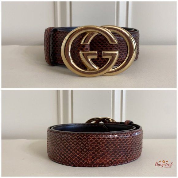 Authentic Gucci Maroon Python Leather Gold Interlocking G Buckle Belt Size 75/30 - Picture 3 of 13